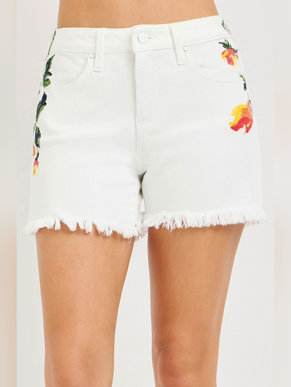 RISEN Tummy Control High Rise Flower Printed White Denim Shorts - Picture 1 of 10